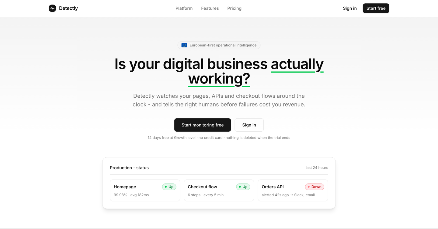 The Detectly home page, showing a production status panel with homepage, checkout flow and orders API